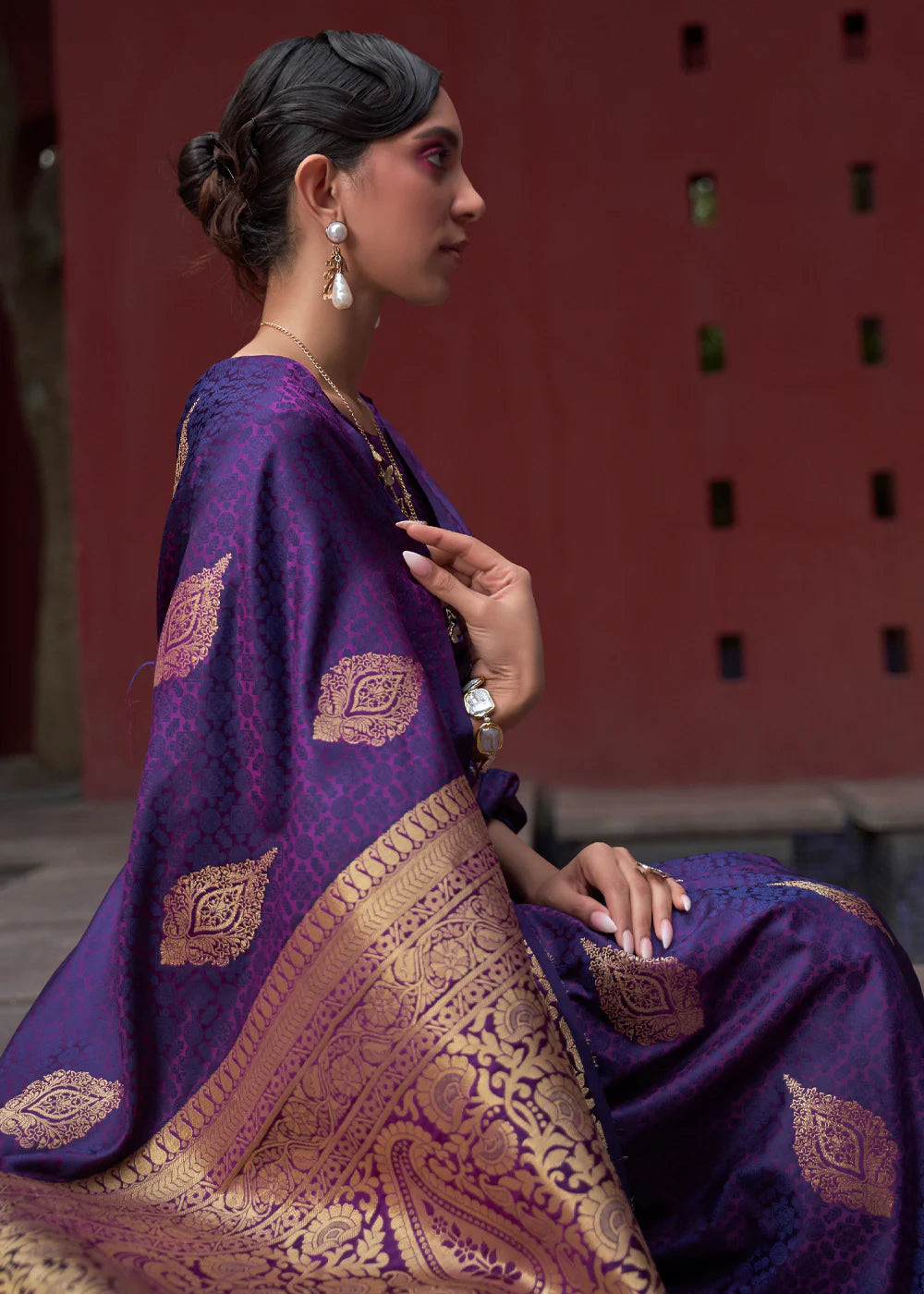 Purple color satin silk saree with blouse price