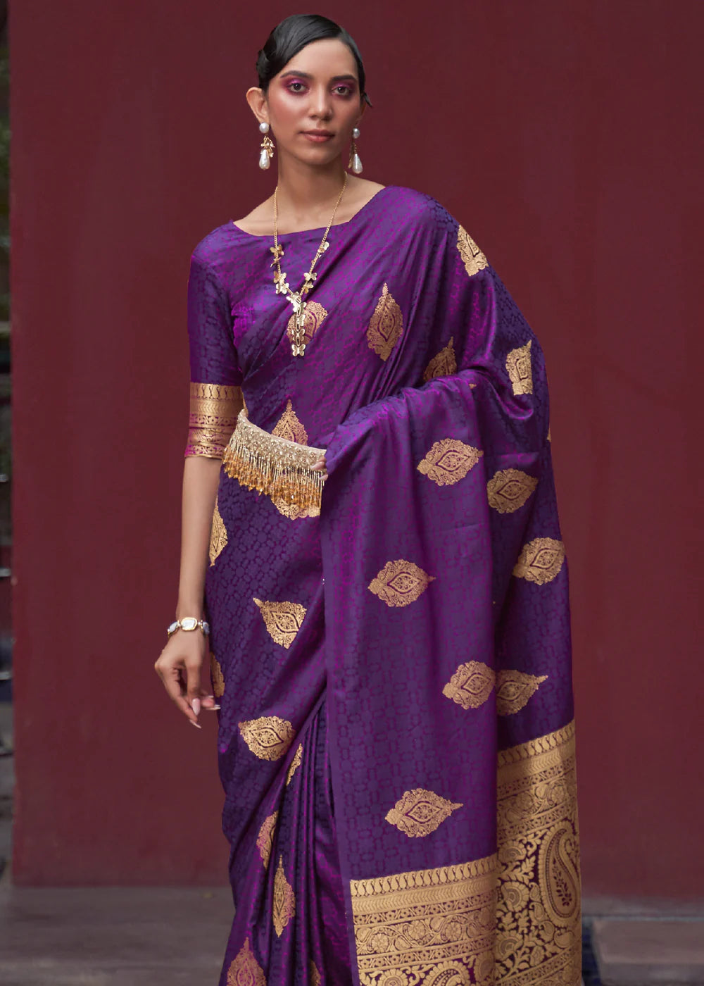 Purple color satin silk saree with blouse online