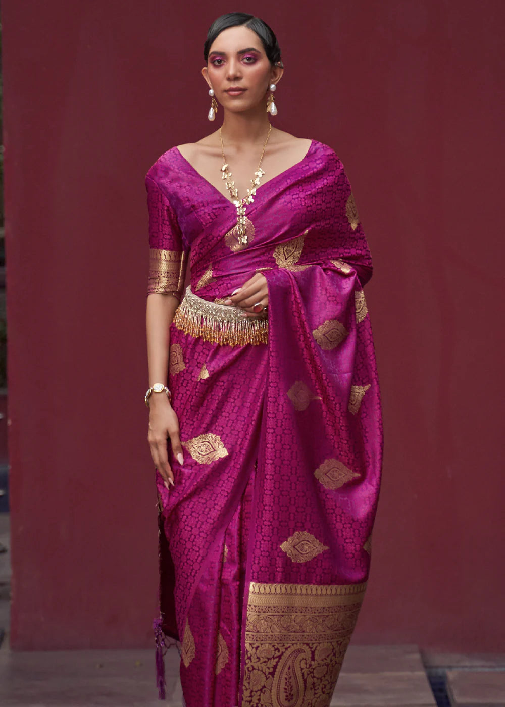 Purple color satin silk saree with blouse online