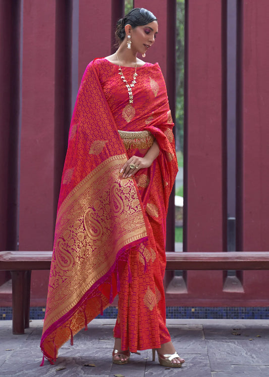 Pink color satin silk weaving saree for women