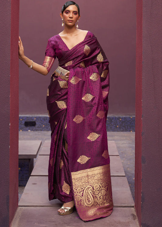 Wine color satin silk saree for women