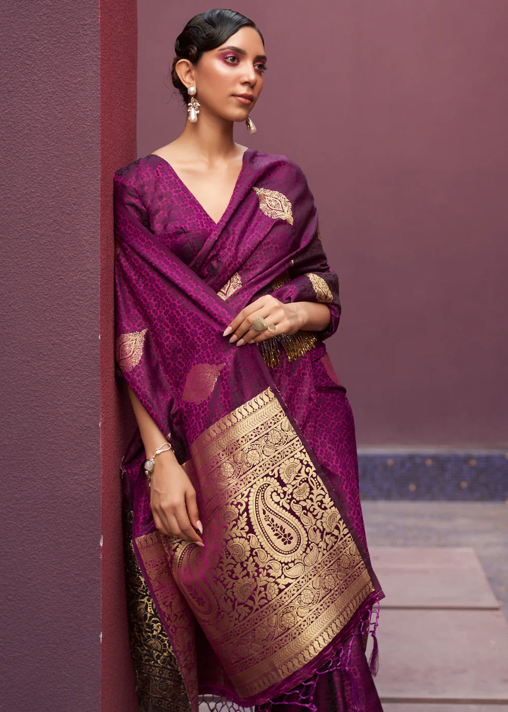 Wine color satin silk saree with blouse price