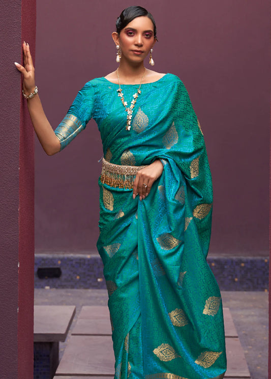 Rama color satin silk saree with blouse online