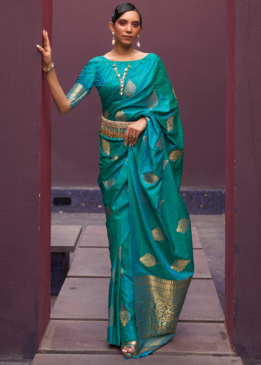 Rama color satin silk saree with blouse price 