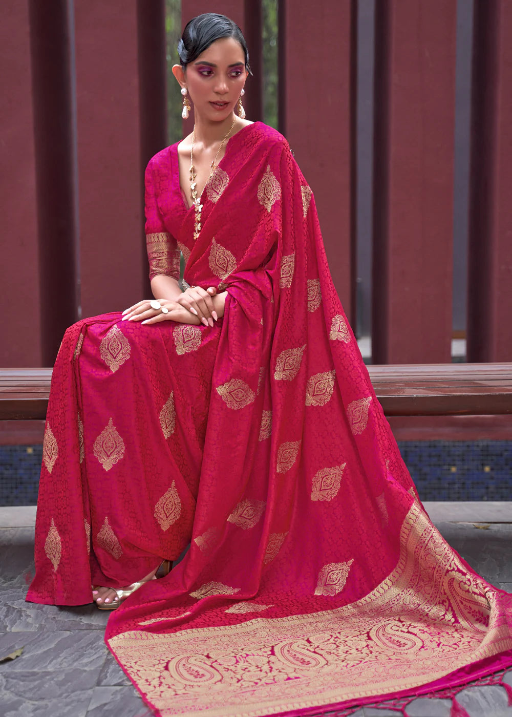 Rani pink color satin silk saree with blouse images