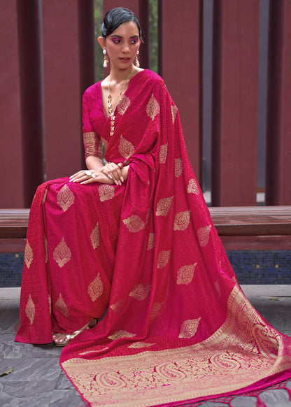 Rani pink color satin silk saree with blouse images