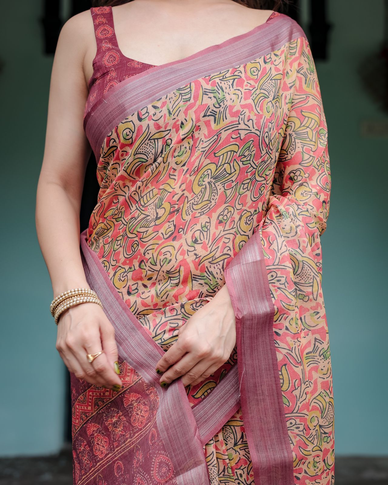 Multi color linen printed saree with blouse images