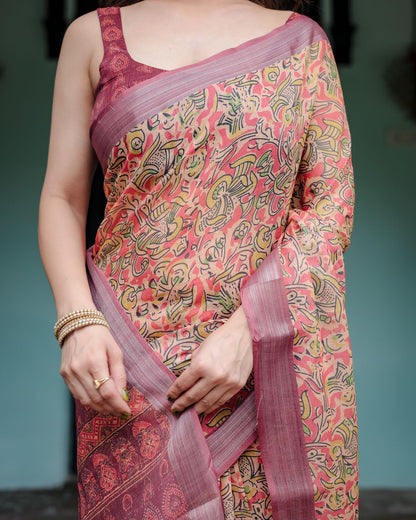 Multi color linen printed saree with blouse images
