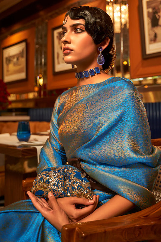 Rama color nylon satin saree with blouse online