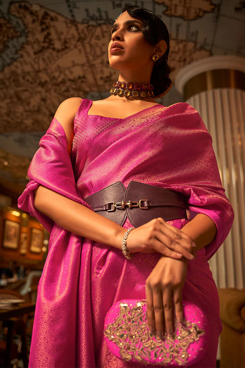 Pink color nylon satin saree with blouse online