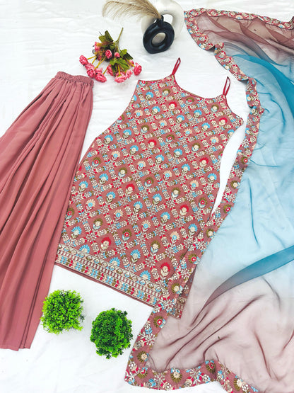 Peach color georgette sharara suit with dupatta online