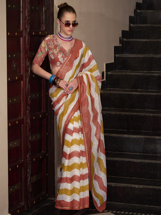 Rust color linen weaving saree for women