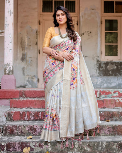 Ivory color banarasi silk saree for women