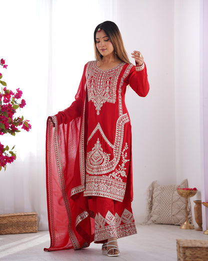 Red color vichitra silk sharara suit with dupatta images