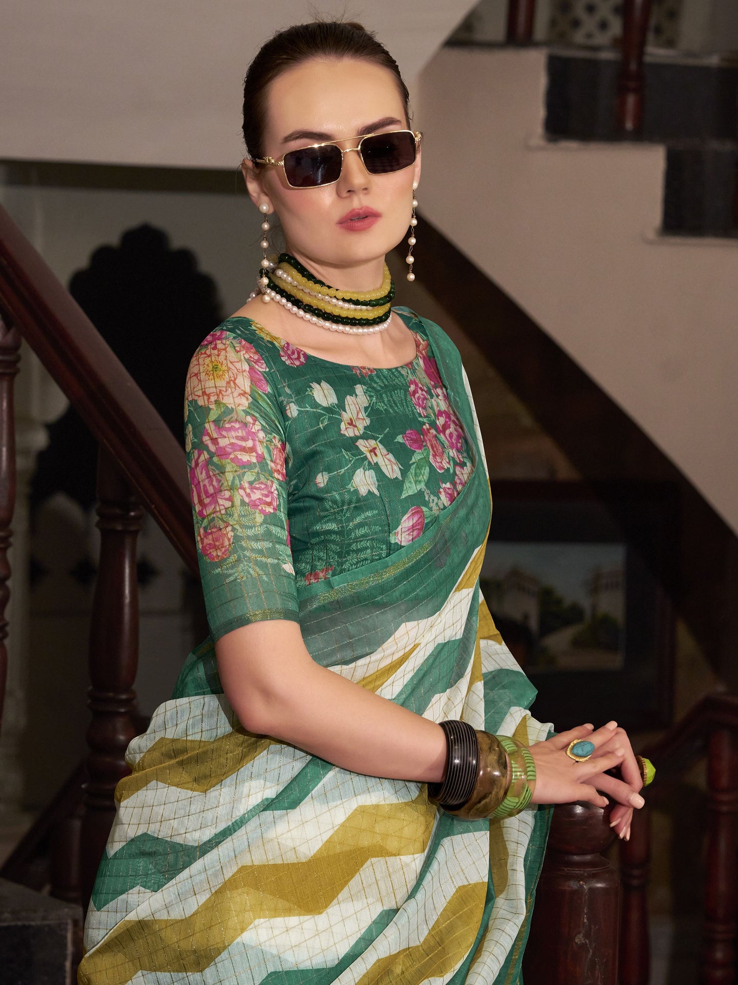 Green color linen zari weaving saree with blouse price
