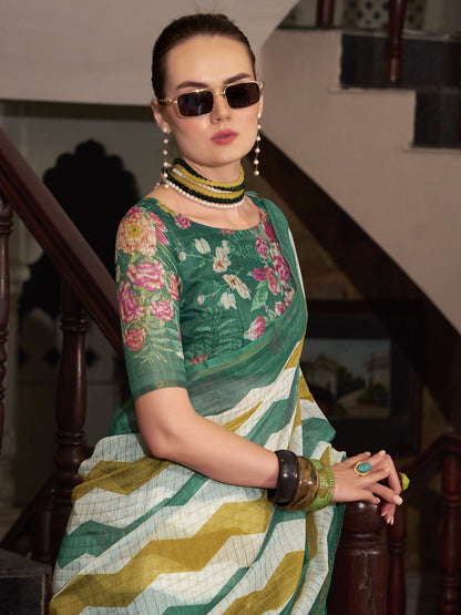 Green color linen zari weaving saree with blouse price