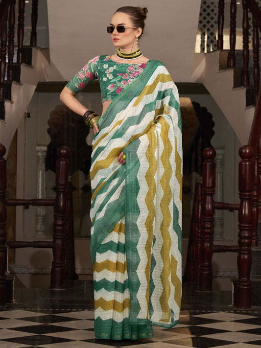 Green color linen zari weaving saree