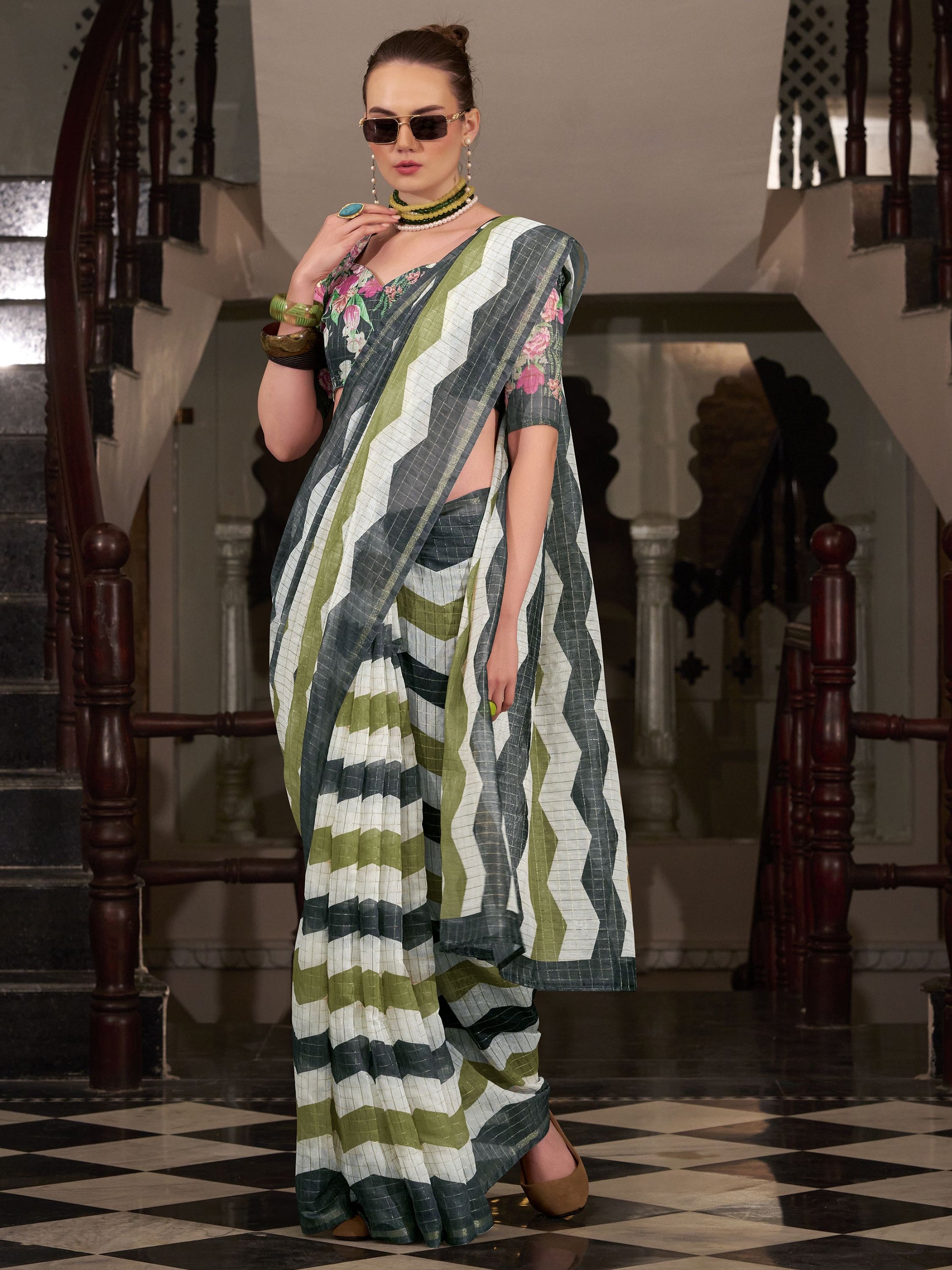 Pista color linen weaving saree for women