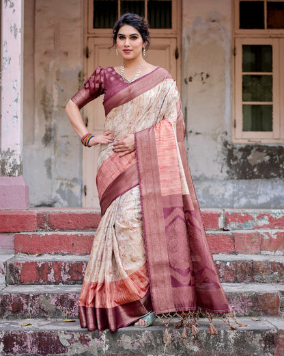 Beige color banarasi silk saree for women
