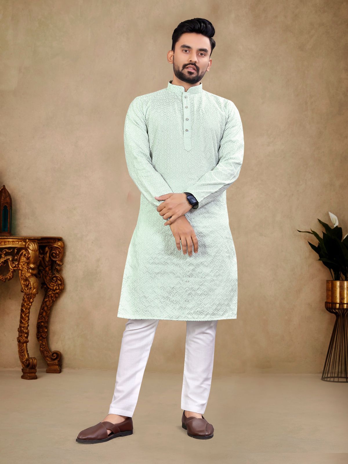 pista green mens kurta for party wear