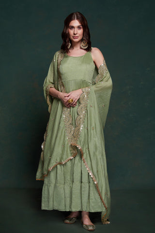 pista green gown with dupatta