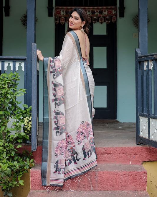 White color linen saree with blouse online