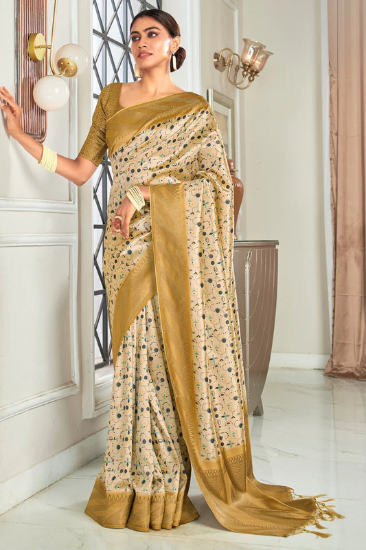 Beige color handloom silk saree for women