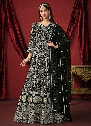 Long sleeve black georgette gown for women
