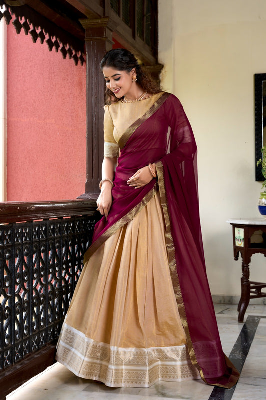 Beige color kanchipuram lehenga choli for women online
