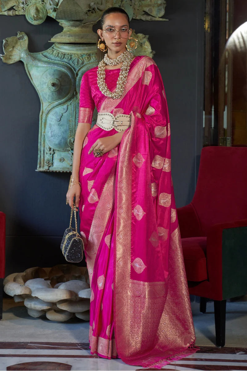 Pink color nylon satin saree with blouse price