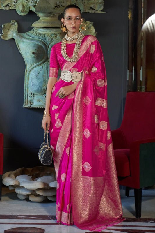 Pink color nylon satin saree with blouse price