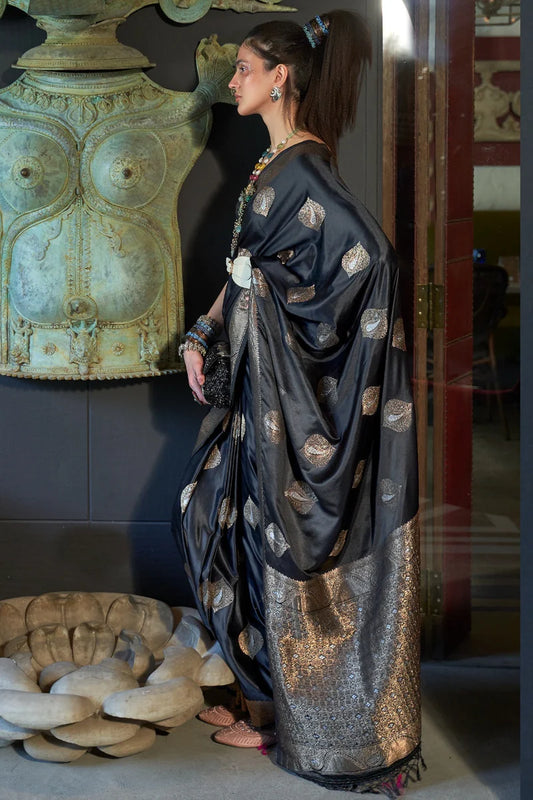 Black color nylon satin saree for women