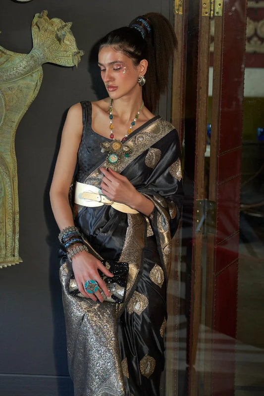 Black color nylon satin saree with blouse online 