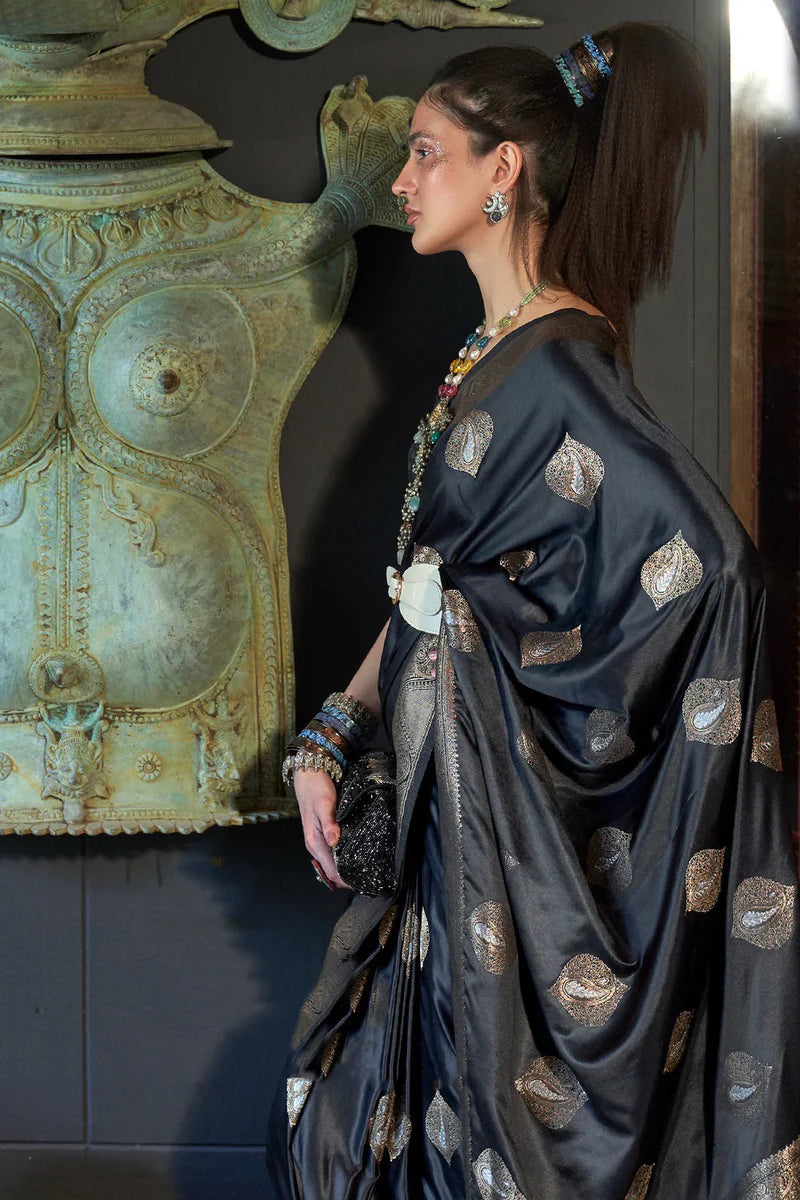 Black color nylon satin saree with blouse price