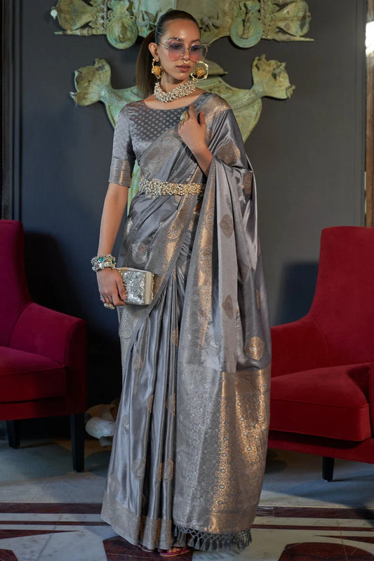 Grey color nylon satin saree for women