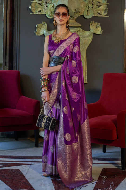 Purple color nylon satin saree for women
