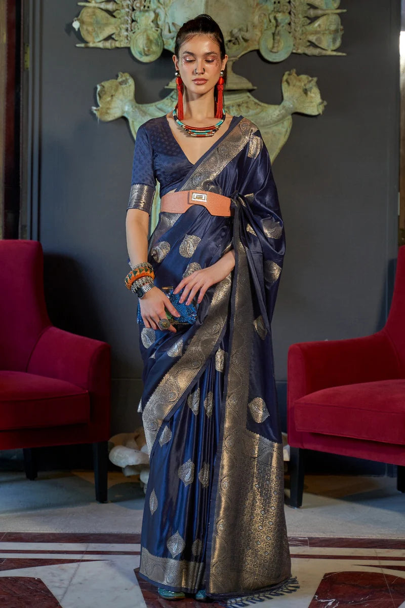 Navy blue color nylon satin saree for women