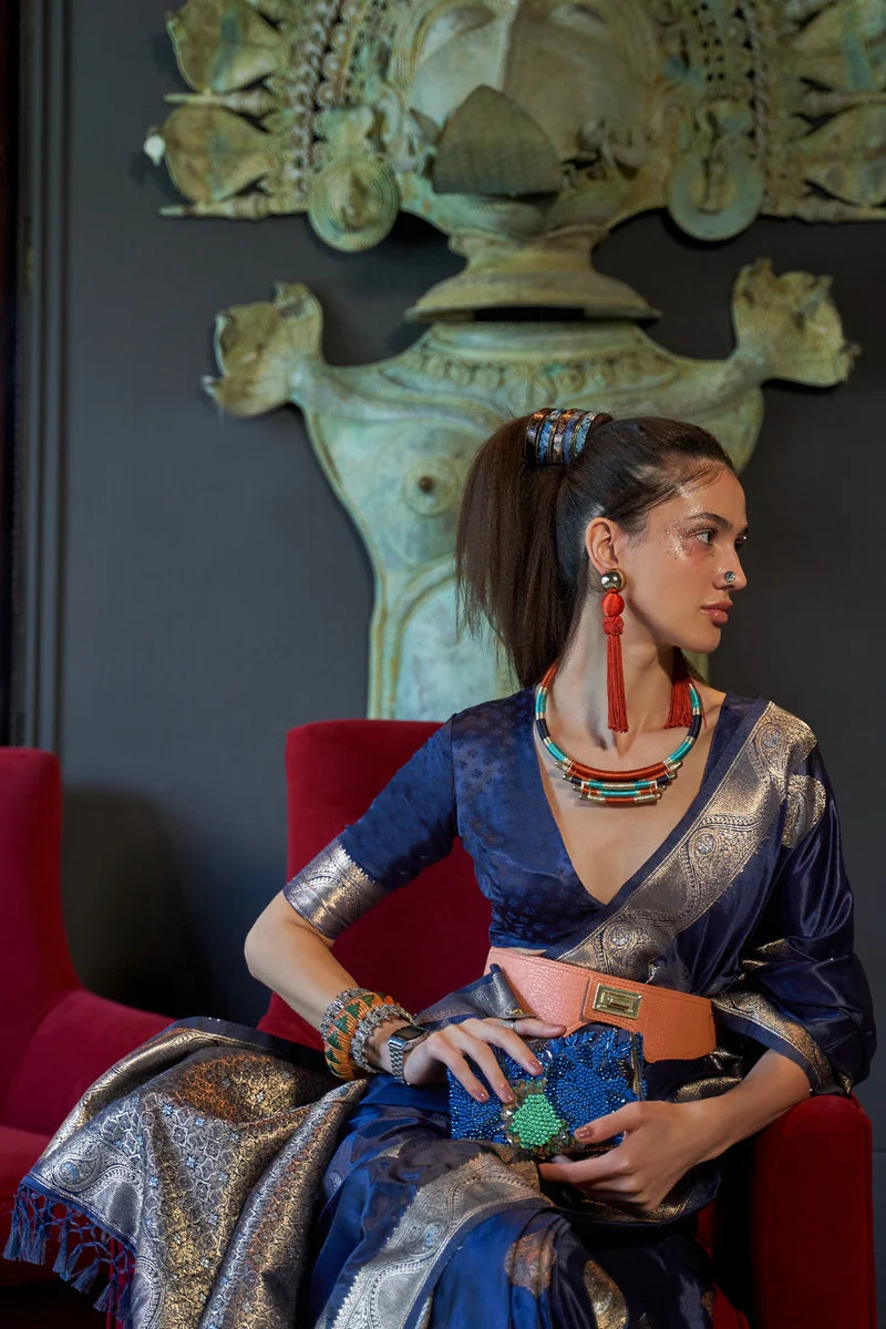 Navy blue color nylon satin saree with blouse online