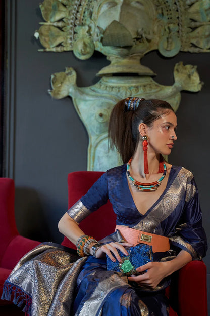 Navy blue color nylon satin saree with blouse online