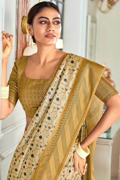 Beige color handloom silk saree with blouse online
