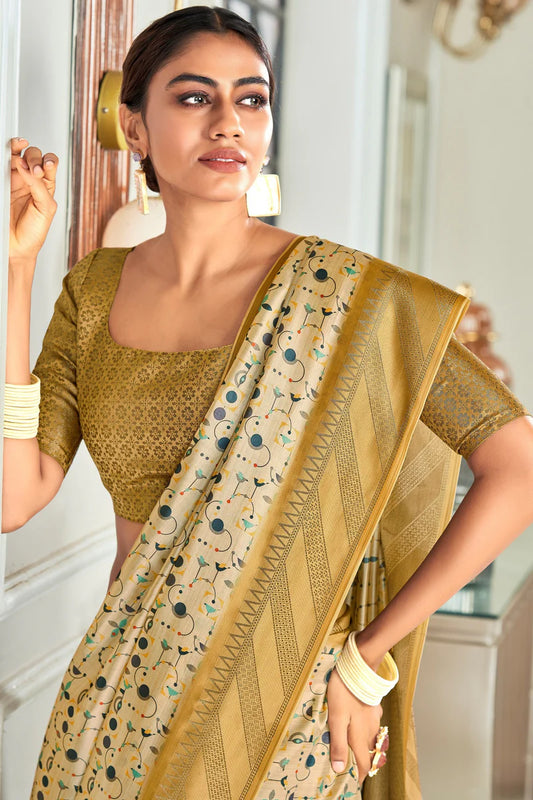 Beige color handloom silk saree with blouse online