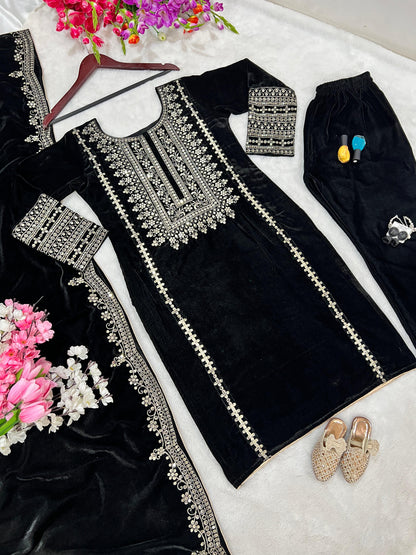 Black color viscose velvet salwar suit with dupatta price