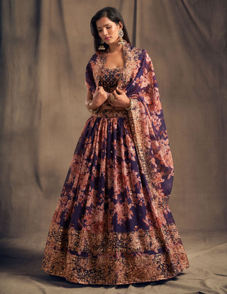 Purple Floral Organza Wedding Wear Lehenga Choli