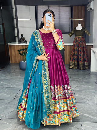 Adorable Navy Blue Kalamkari Printed Silk Gown With Dupatta