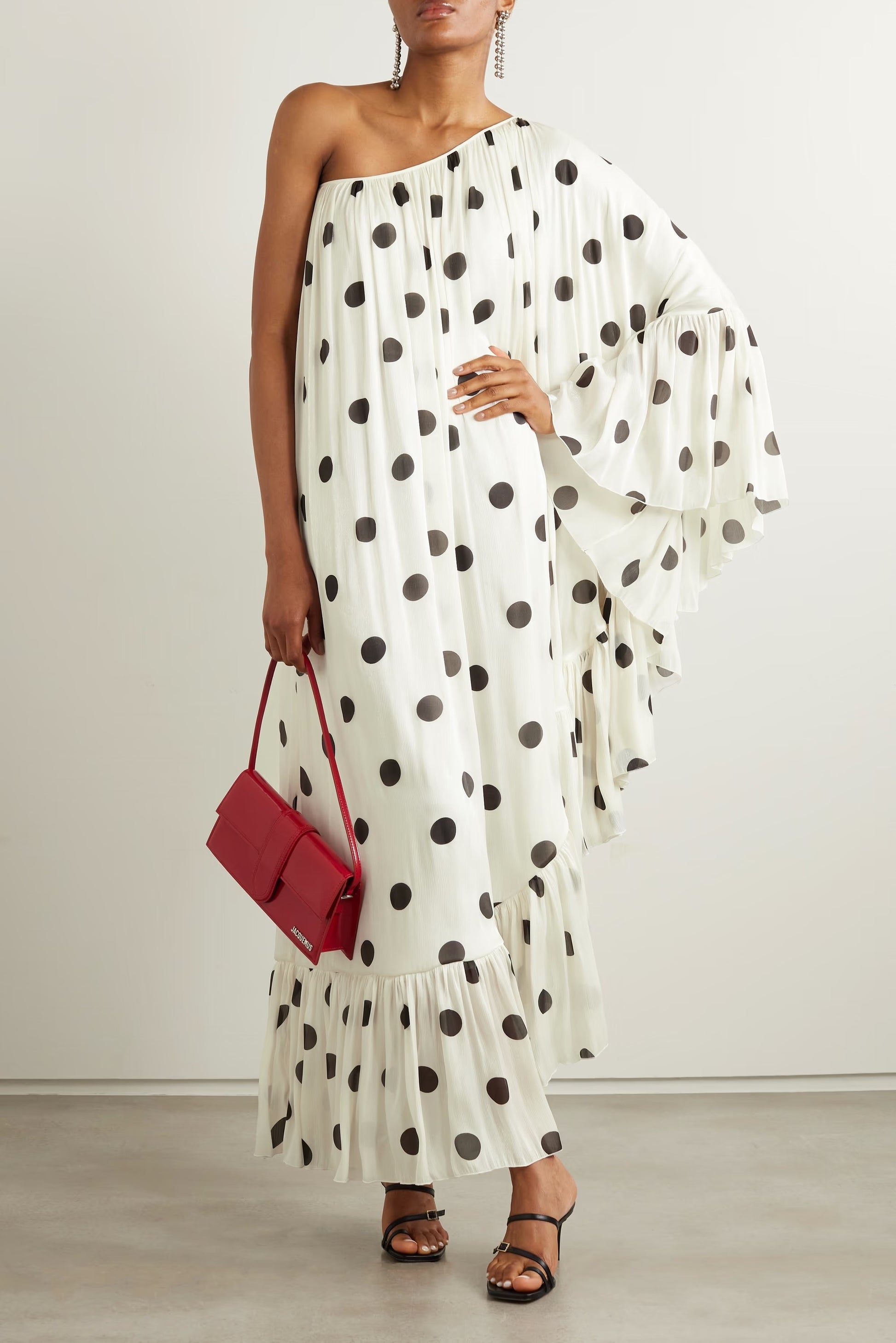 One Shoulder White And Black Dot Print Kaftan Dresses XXL / White One Shoulder White And Black Dot Print Kaftan Dresses XXL / White