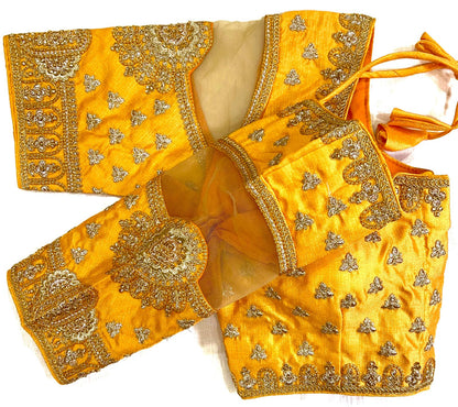 Yellow color coding work silk blouse online