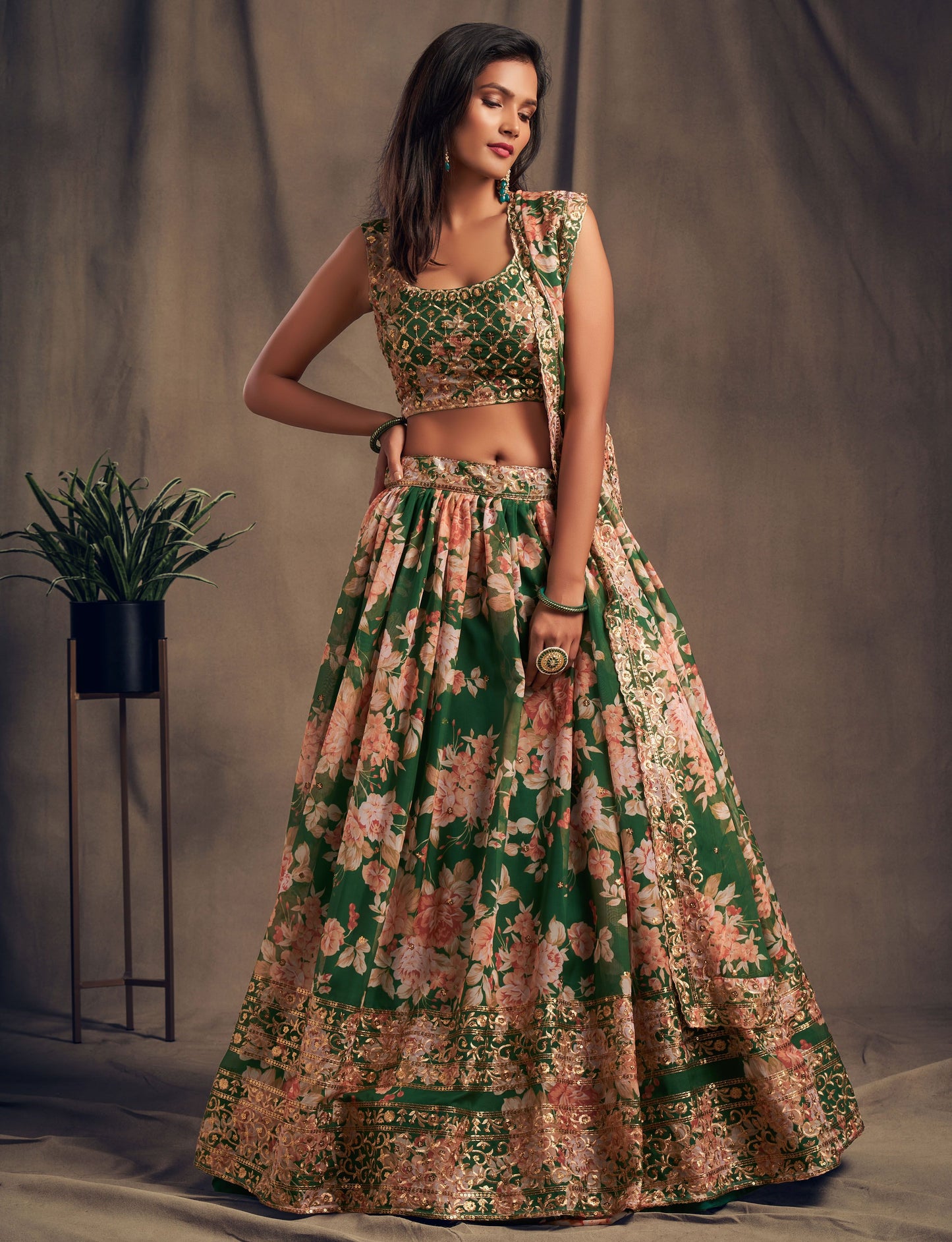 Green organza lehenga choli for wedding
