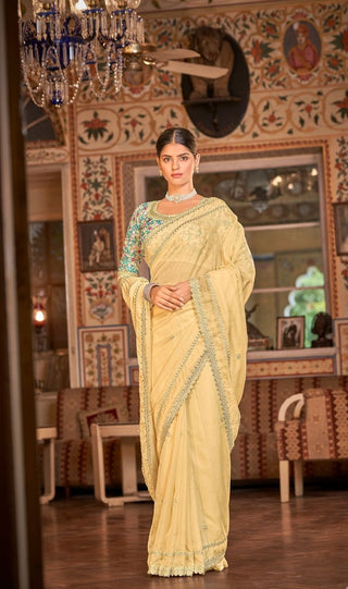 Yellow silk zari sequins saree online