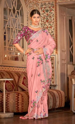 Pink Organza Saree With Blouse