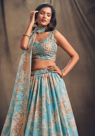 Ready to Wear Sky Blue Lengha Choli for Women Designer Ghagra